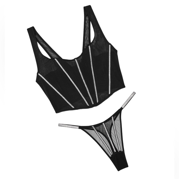 VICTORIA’S SECRET VERY SEXY
VS Sheer  Shine Corset Top & Thong Panty Black - Picture 5 of 12